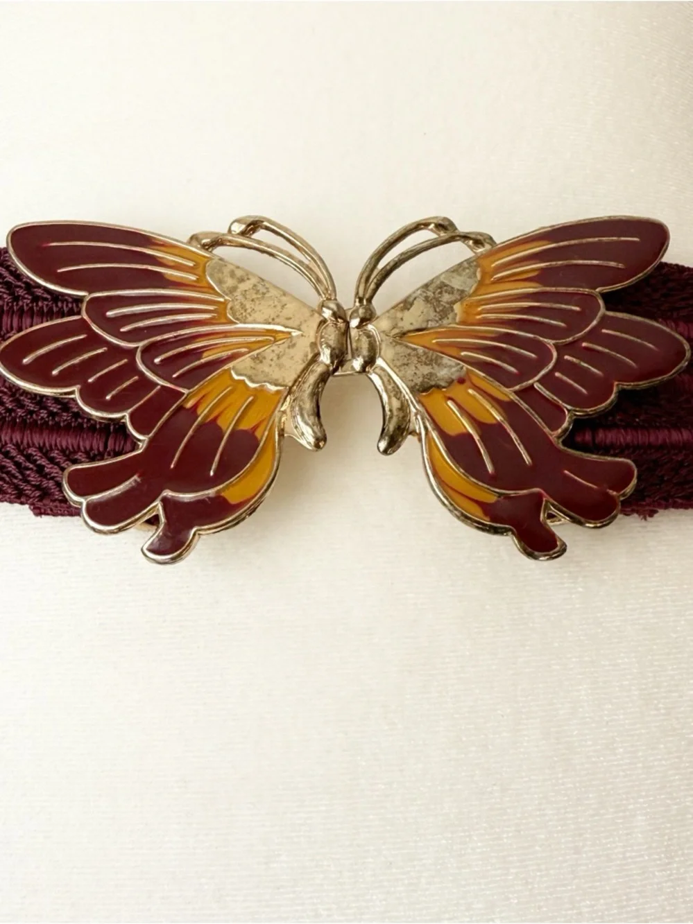 Vintage 80s Burgundy Enamel Butterfly Buckle Elastic Waist Textured Belt Size XL - Picture 4 of 15